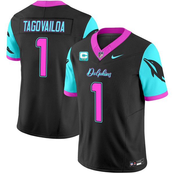 Men's Miami Dolphins #1 Tua Tagovailoa Black F.U.S.E. With 2-star C Patch "Miami Vice" Vapor Limited Stitched Football Jersey